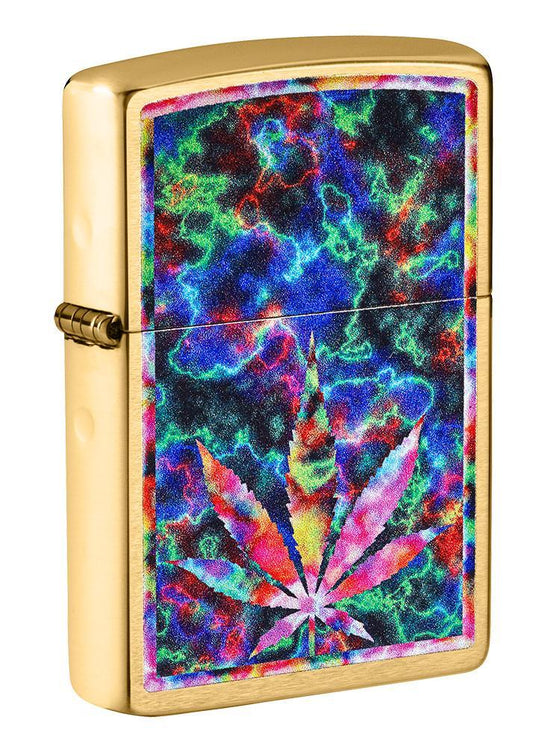Front shot of Leaf Design Brushed Brass Windproof Lighter standing at a 3/4 angle