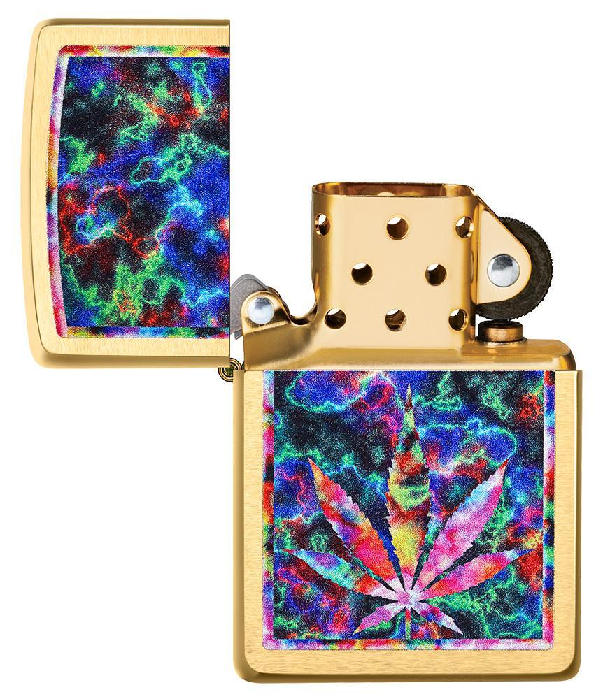 Leaf Design Brushed Brass Windproof Lighter with its lid open and unlit