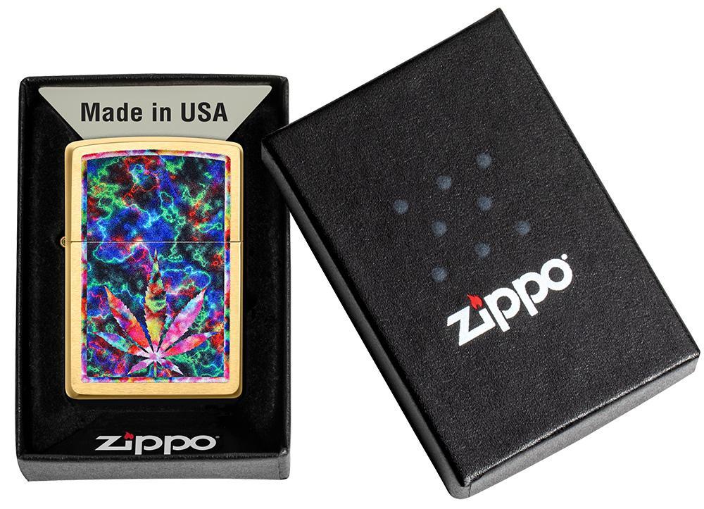 Leaf Design Brushed Brass Windproof Lighter in its packaging