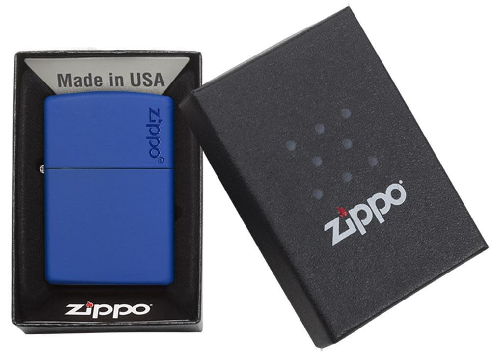 Front view of the Royal Blue Matte with Zippo Logo in one box packaging