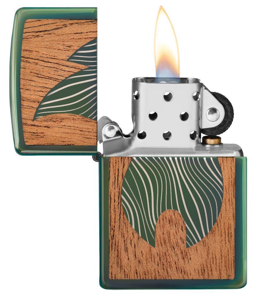 Front view of the WOODCHUCK USA Flame Lighter open and lit