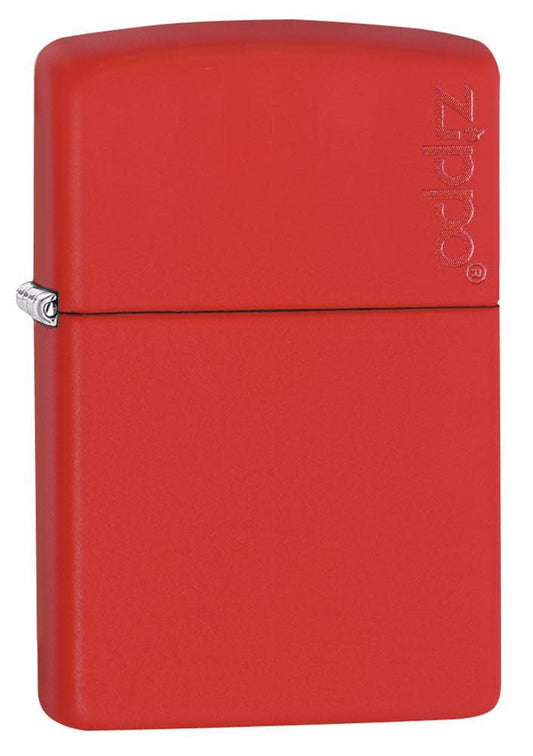 Front shot of Classic Red Matte Zippo Logo Windproof Lighter standing at a 3/4 angle