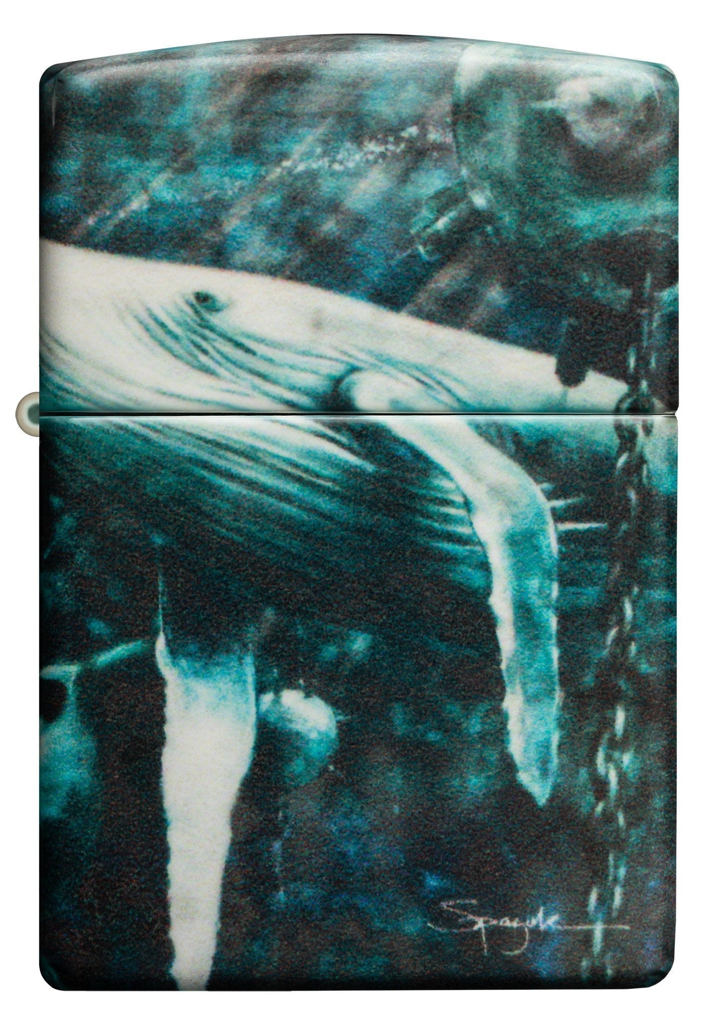 Front view of the Zippo Spazuk Whale Design 540 Color Windproof Lighter.