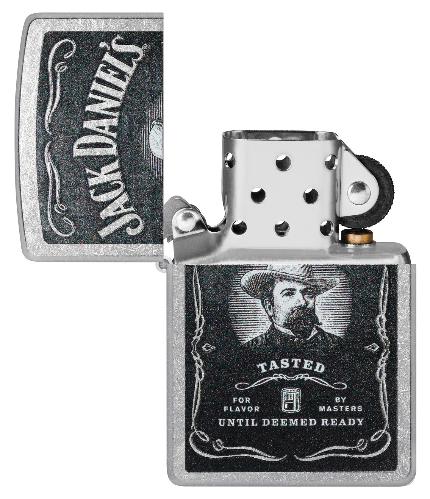 Zippo Jack Daniels Street Chrome Windproof Lighter with its lid open and unlit.