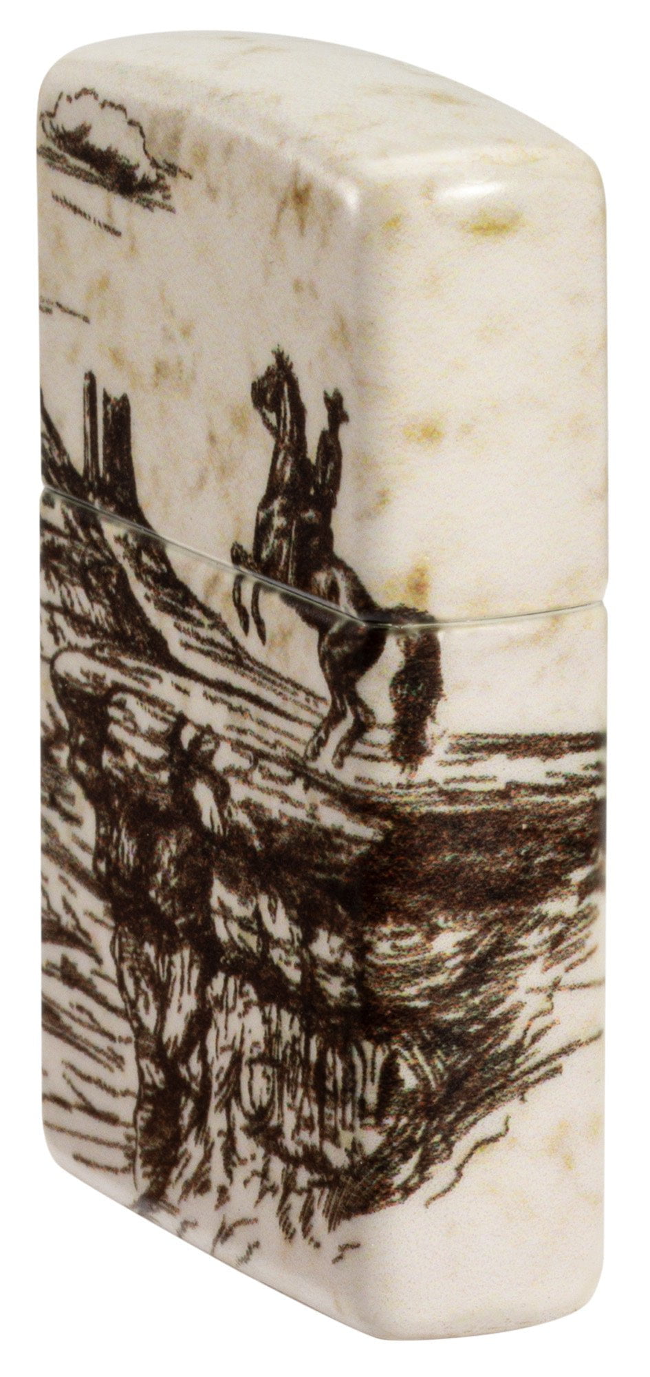 Angled shot of Zippo Wild West Scene Design 540 Color Windproof Lighter showing the front and right side of the lighter.