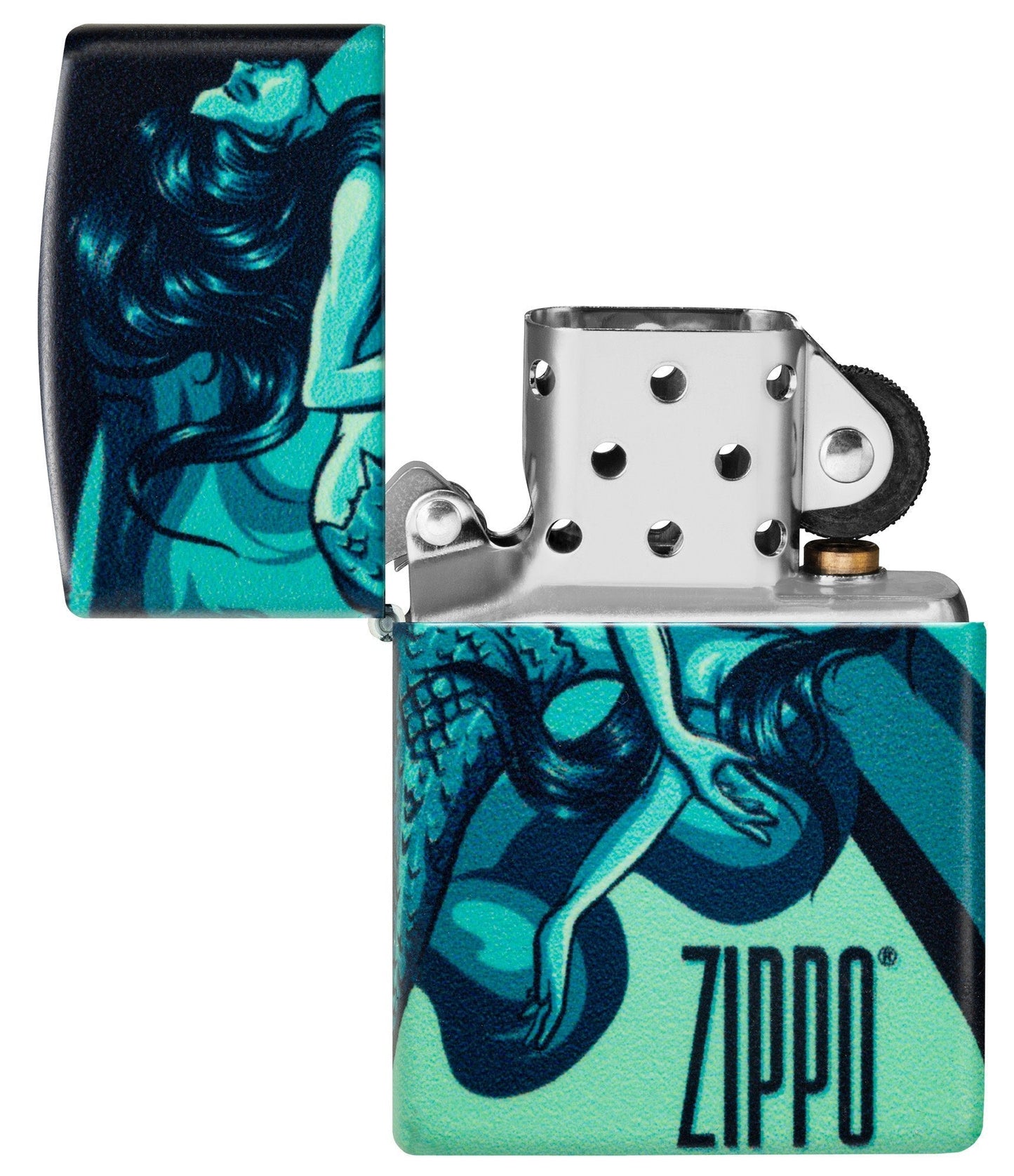 Zippo Mermaid Design 540 Color Windproof Lighter with its lid open an unlit.