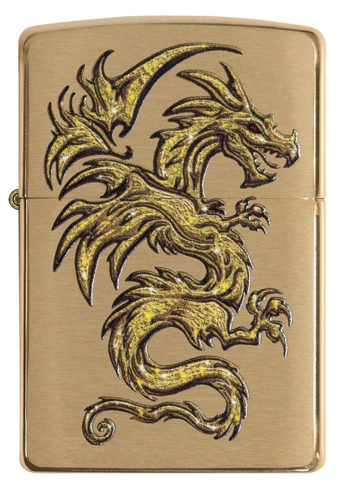 Front view of Dragon Design Brushed Brass Windproof Lighter