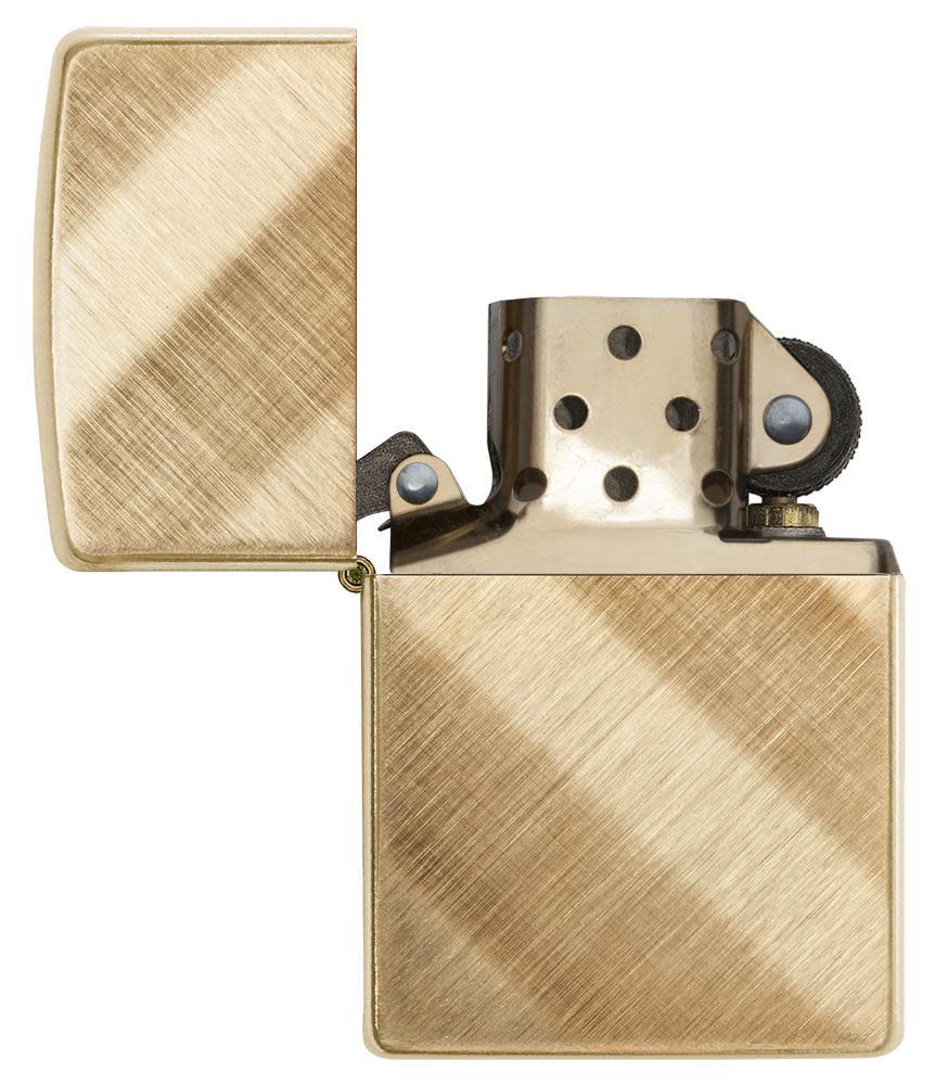 Front view of Diagonal Weave Brass Lighter open and unlit