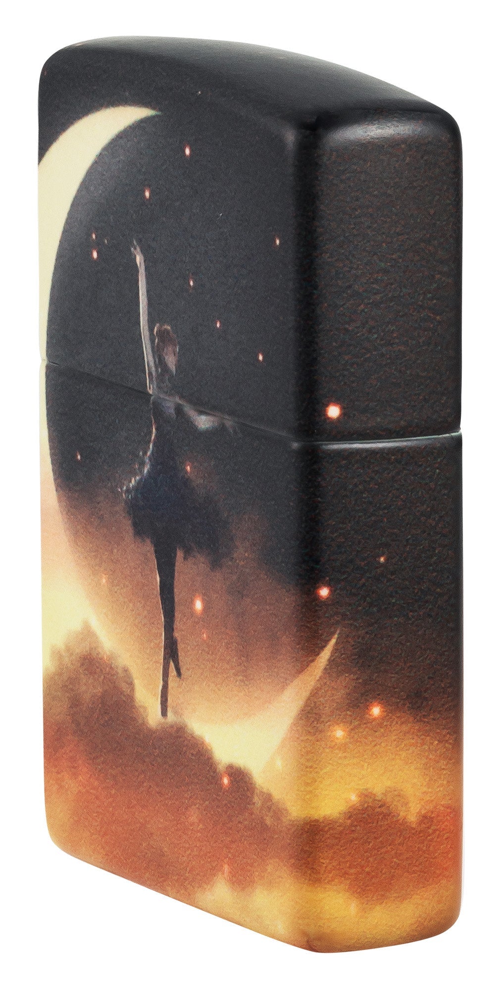 Angled shot of Zippo Mythological Design Glow in the Dark Green Matte Windproof Lighter showing the front and right side of the lighter.