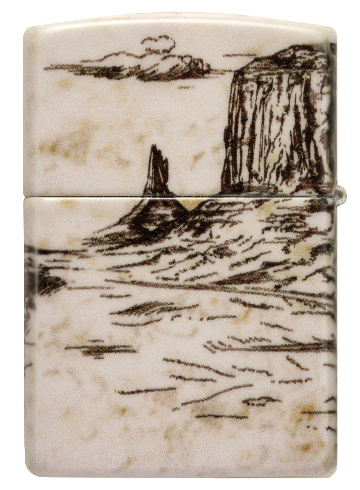 Zippo Wild West Scene Design 540 Color Windproof Lighter with its lid open and unlit.