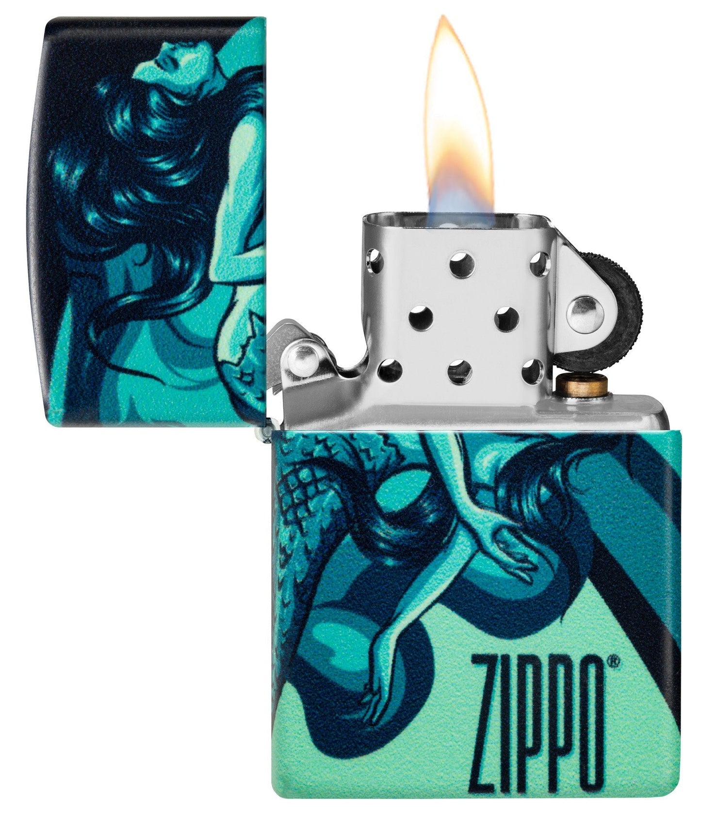 Zippo Mermaid Design 540 Color Windproof Lighter with its lid open and lit.