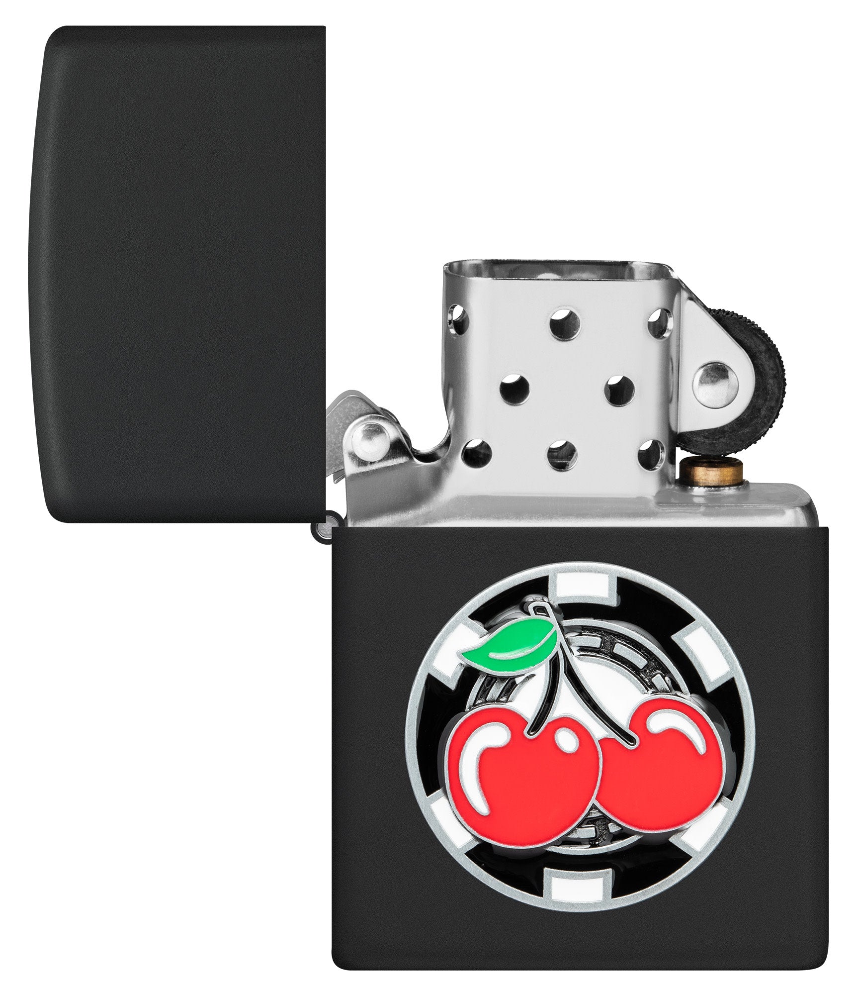 Zippo Poker Chip with Cherries Emblem Black Matte Windproof Lighter with its lid open and unlit.