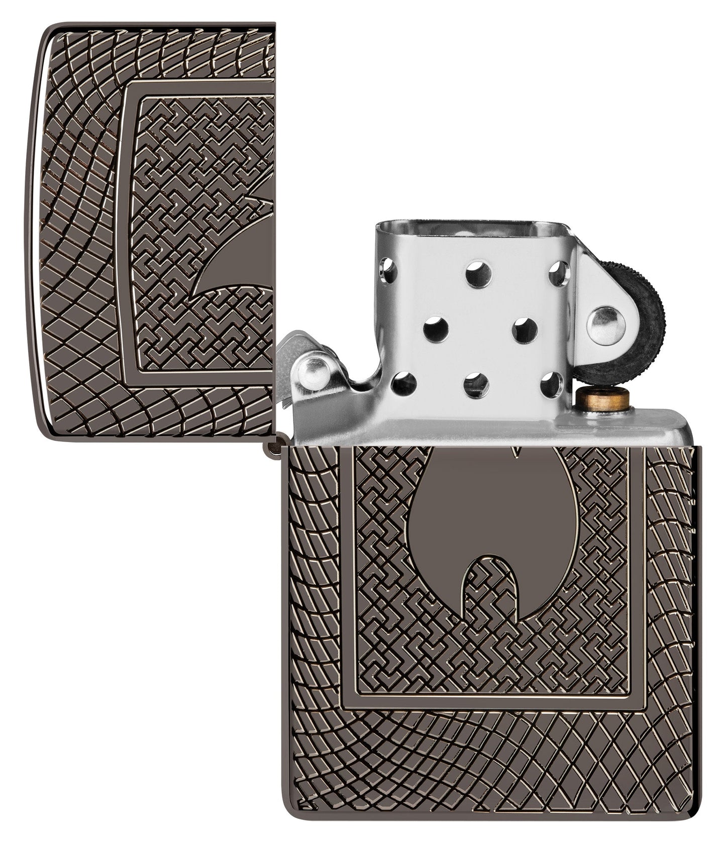 Zippo Flame Pattern Design Armor Black Ice Windproof Lighter with its lid open and unlit.