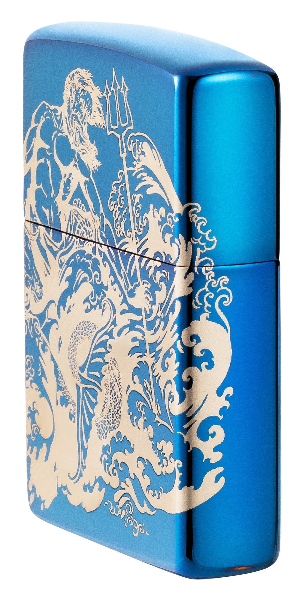 Angled shot of Zippo Atlantis Design High Polish Blue Windproof Lighter showing the front and right side of the lighter.