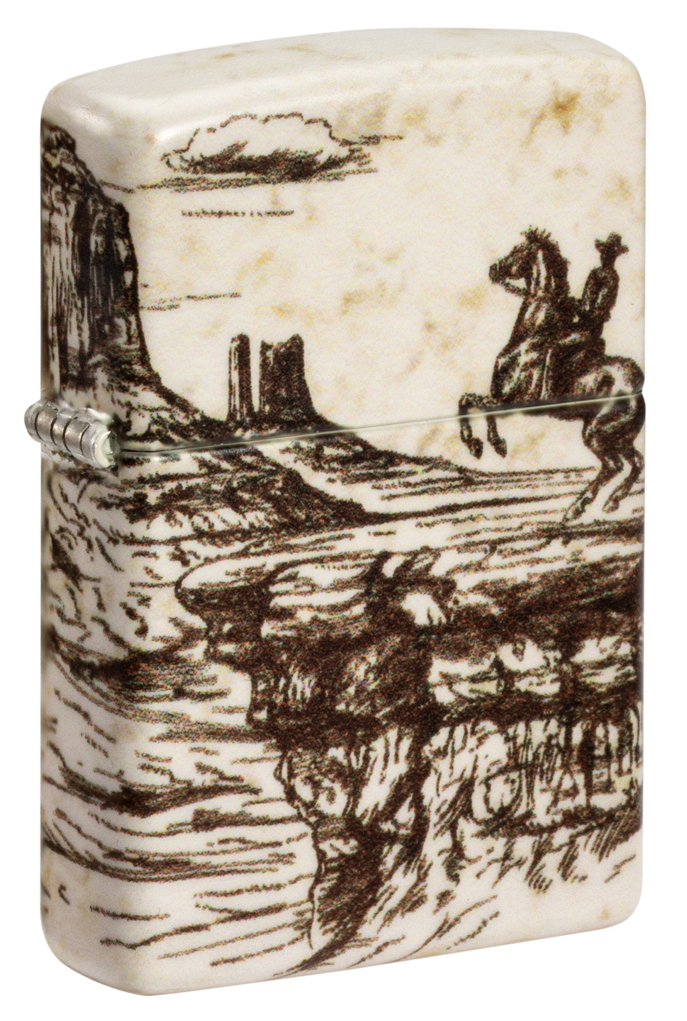 Front shot of Zippo Wild West Scene Design 540 Color Windproof Lighter standing at a 3/4 angle.