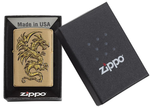 Dragon Design Brushed Brass Windproof Lighter in its packaging