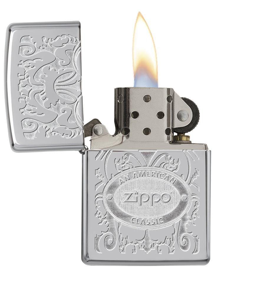Crown Stamp Windproof Lighter with its lid open and lit