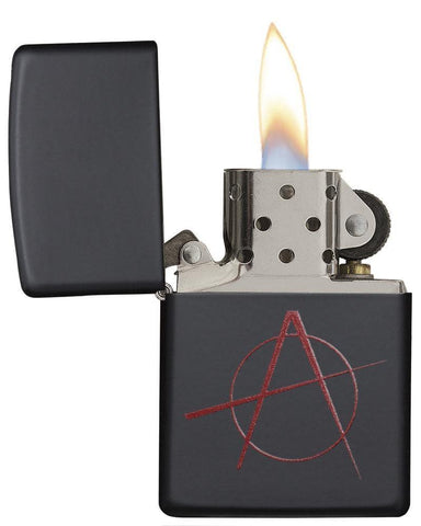 Red Anarchy Symbol on Black Matte Windproof Lighter with its lid open and lit