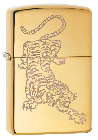 3/4 Angle, High Polish Brass Tiger Design, Lustre Engraved Tiger