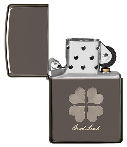 Good Luck Design Black Ice Windproof Lighter with its lid open and not lit