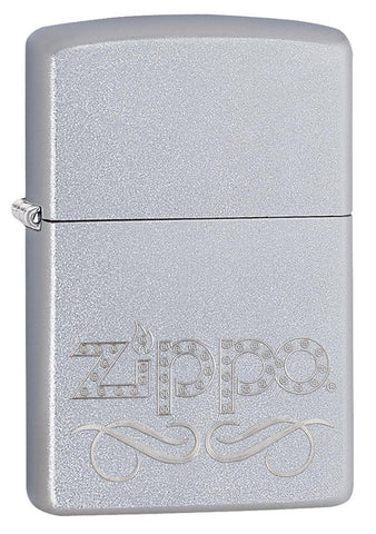 Front shot of Zippo Scroll Satin Chrome Windproof Lighter standing at a 3/4 angle