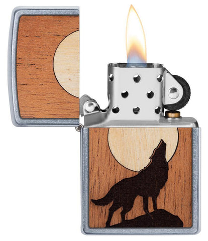 WOODCHUCK USA Howling Wolf Windproof Lighter open and lit