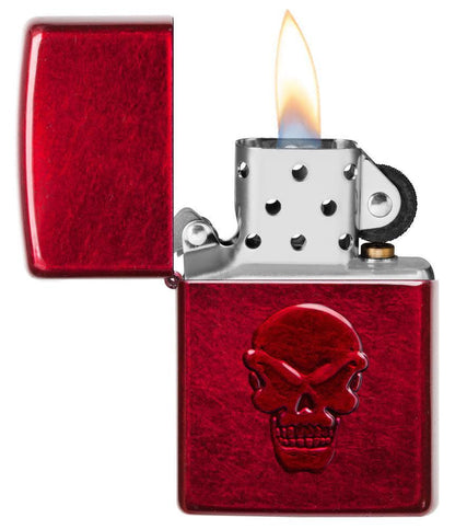 Front view of the Doom Skull Lighter open and lit 