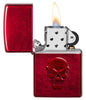 Front view of the Doom Skull Lighter open and lit 