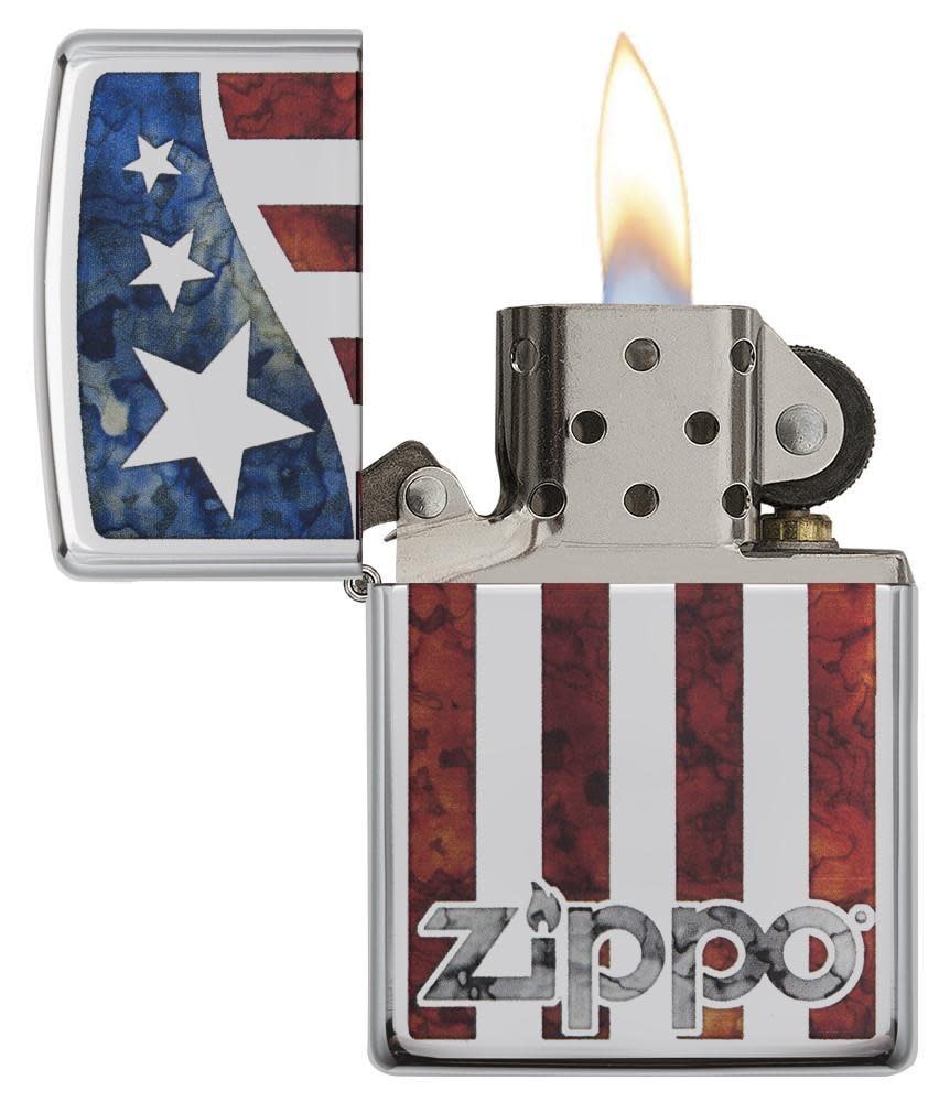 Front view of the Zippo US Flag, Fusion open and lit