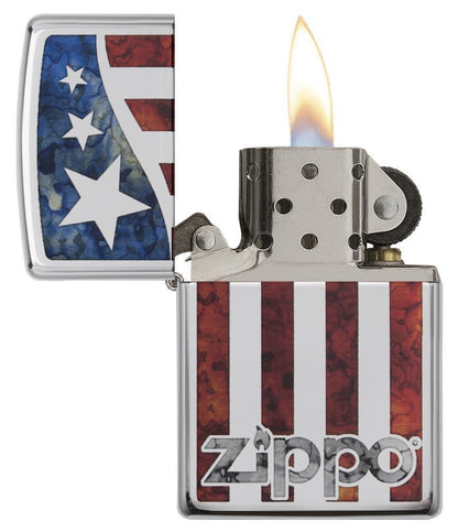 Front view of the Zippo US Flag, Fusion open and lit