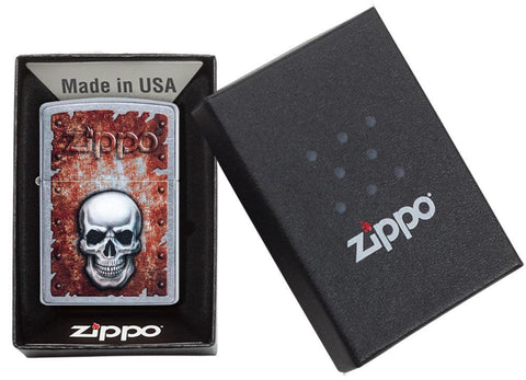 Front view of the Rusted Skull Design Lighter in one box packaging