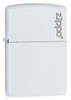 Front shot of Classic White Matte Zippo Logo Windproof Lighter standing at a 3/4 angle