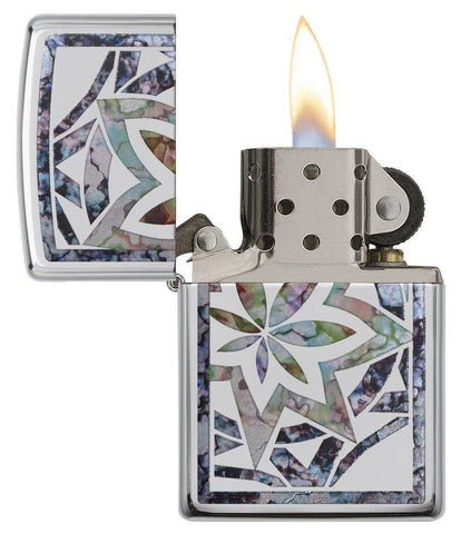 Front view of the Leaf Fusion Design Lighter open and lit 
