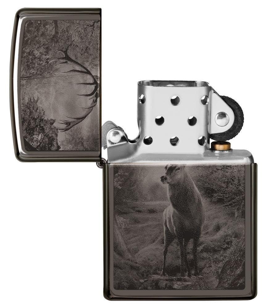 Deer Design Black Ice® Lighter with its lid open and unlit