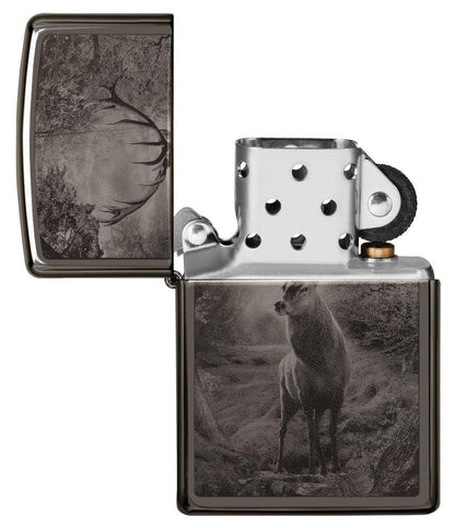 Deer Design Black Ice® Lighter with its lid open and unlit