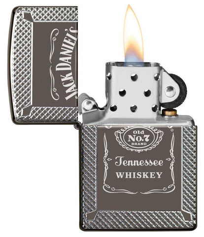 Jack Daniel's Black Ice Windproof Lighter with its lid open and lit