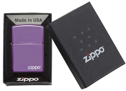 Classic High Polish Purple Zippo Logo in its packaging