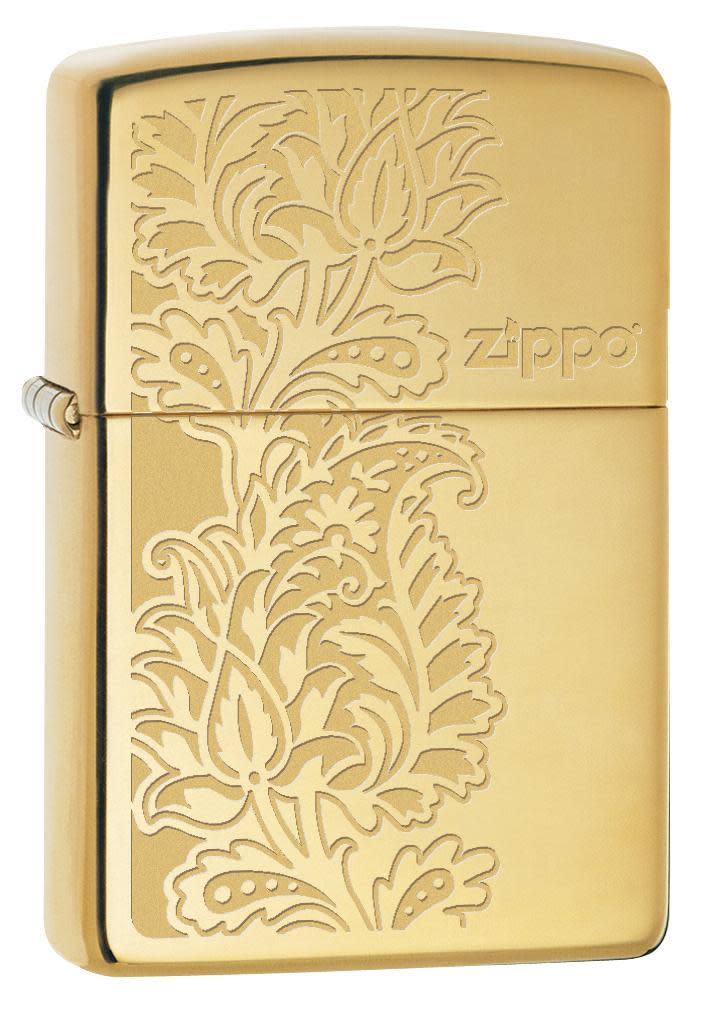 Front view of the Golden Paisley Zippo Design on a High Polish Brass Lighter shot at a 3/4 angle