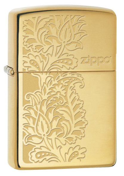 Front view of the Golden Paisley Zippo Design on a High Polish Brass Lighter shot at a 3/4 angle