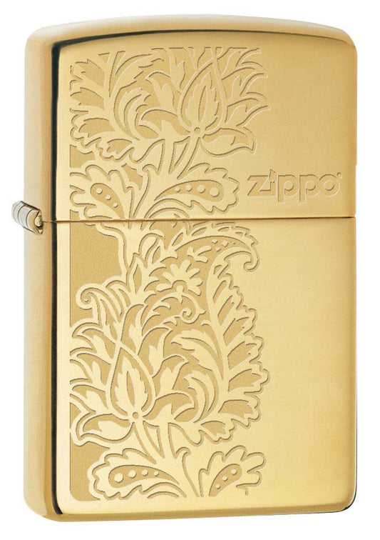 Front view of the Golden Paisley Zippo Design on a High Polish Brass Lighter shot at a 3/4 angle