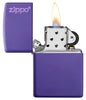 Purple Matte Zippo Logo windproof lighter with the lid open and lit