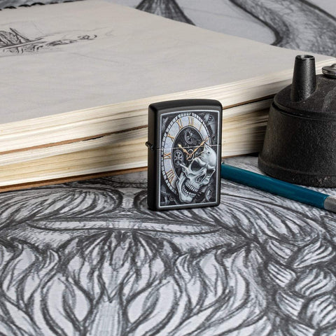 Lifestyle image of Skull Clock Design Lighter standing on a piece art