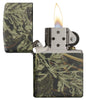 Front view of the Zippo Realtree Pattern Lighter open and lit