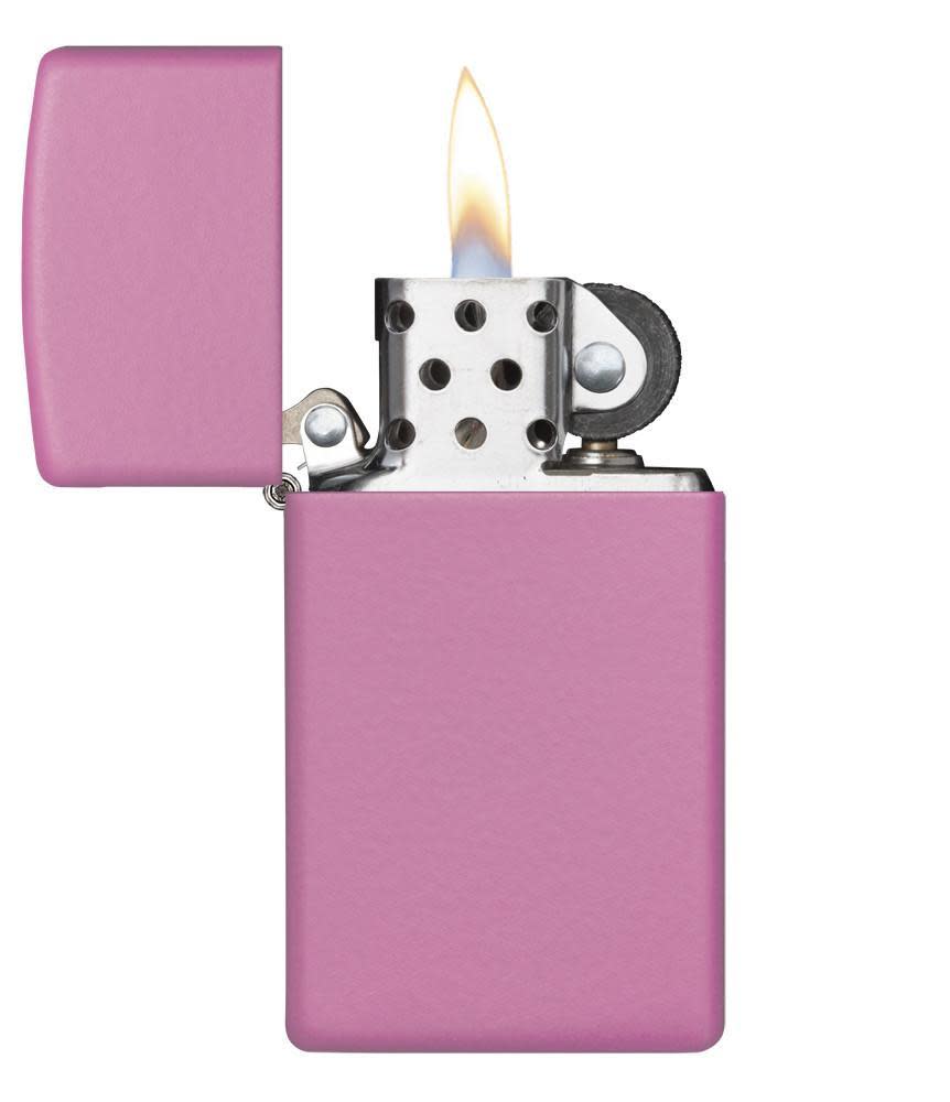 Front view of the Slim Case with Pink Matte Finish Lighter open and lit