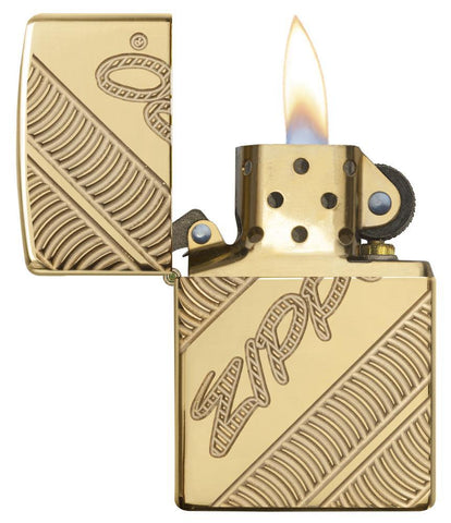 Zippo Coiled Deep Carve Engraving on a High Polish Brass Lighter - Open Lit