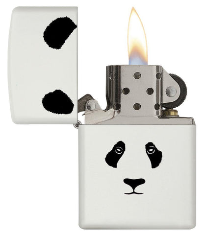 White Matte Panda Windproof Lighter open and lit