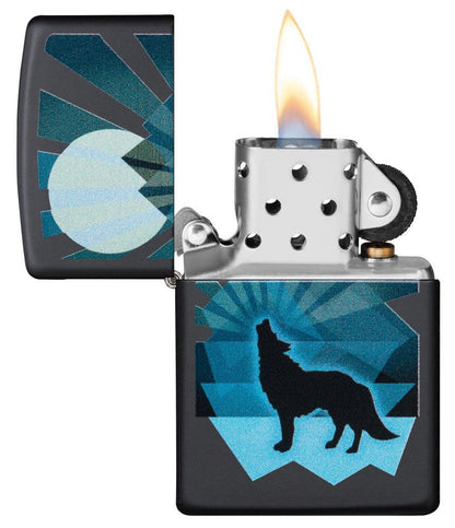 Wolf and Moon Design Windproof Lighter open and lit