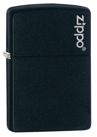 Front view of the Black Matte with Zippo Logo Lighters shot at a 3/4 angle 