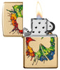 Graffiti Clover Design High Polish Brass Windproof Lighter with its lid open and lit