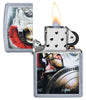 Mazzi Roman Street Chrome windproof lighter with its lid open and lit